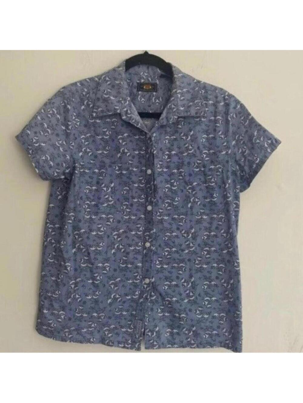 Mens Route 66 Blue Chambray Style Floral Print Short Sleeve Button Up Shirt